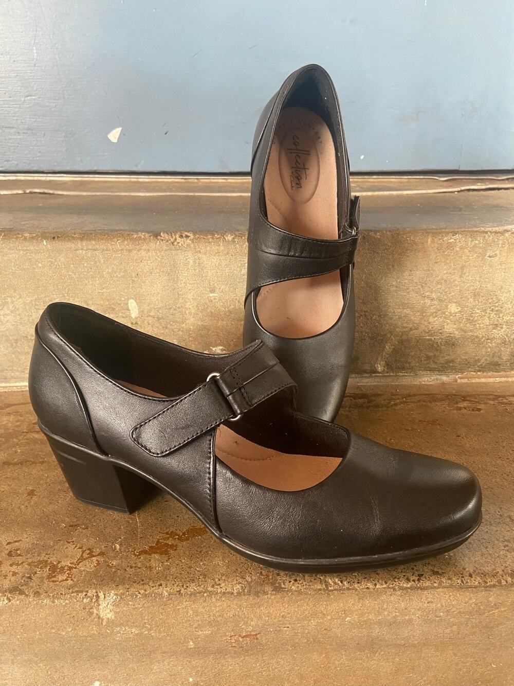 Clarks Emslie Lulin black leather Mary Jane style block heel shoes